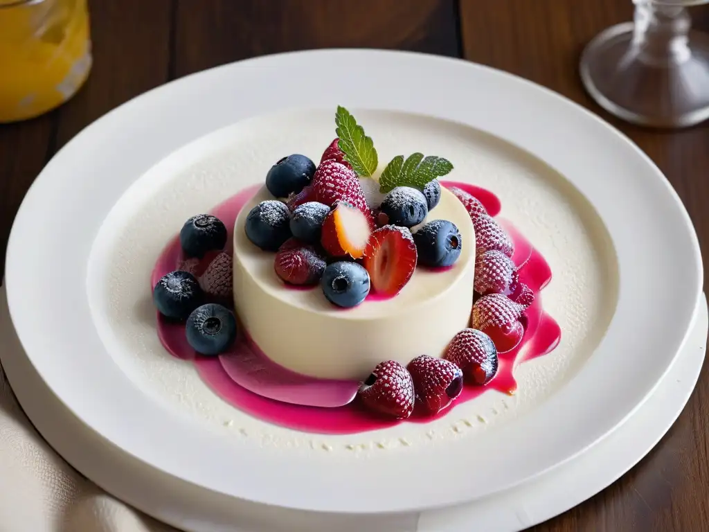 Una exquisita Panna Cotta Fit receta saludable: cremosa panna cotta con frutas frescas, miel y pétalos comestibles