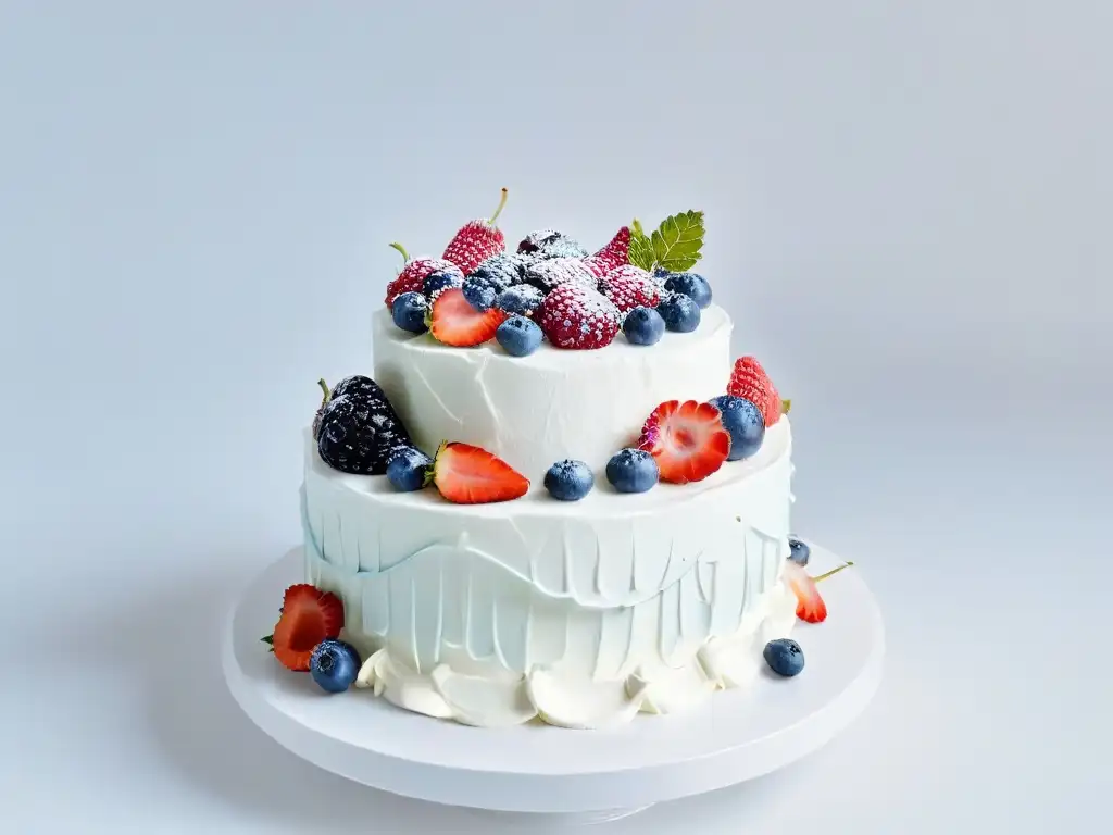 Exquisita decoración de pastel con detalles elegantes rodeados de frutas y flores, en un fondo blanco puro