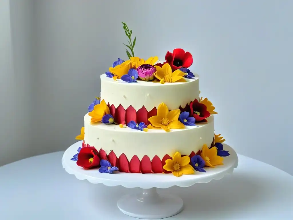 Exquisita decoración de pastel moderno con flores comestibles y detalles de repostería, destacando el arte en la repostería moderna