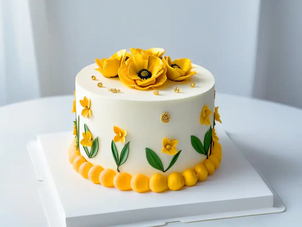 Exquisita tarta decorada con oro comestible y flores de fondant Exquisita decoración en un pastel de múltiples capas, con delicadas flores de fondant y detalles en oro comestible, sobre pedestal blanco