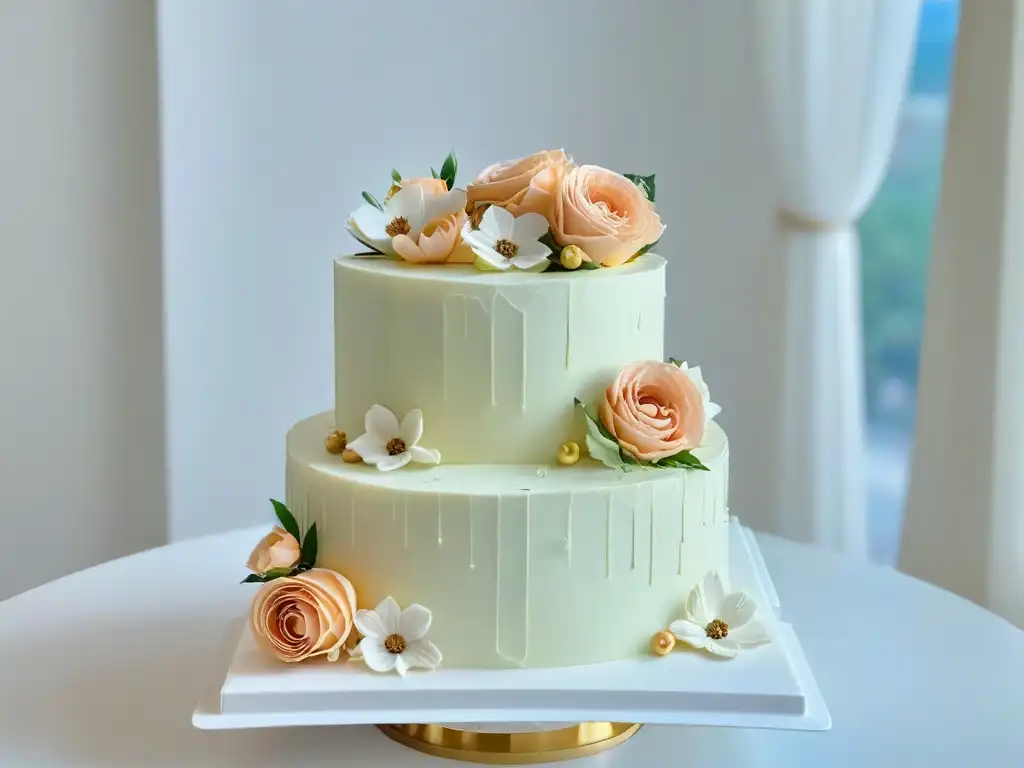 Exquisita pastelería para evento corporativo: elegante pastel de tres niveles con flores de azúcar y toques dorados sobre mesa de postres de mármol