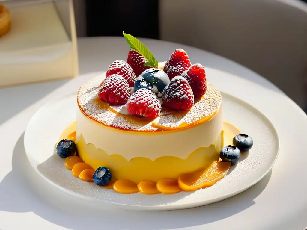 Exquisita pastelería francesa con frutas frescas y hoja de oro en elegante presentación