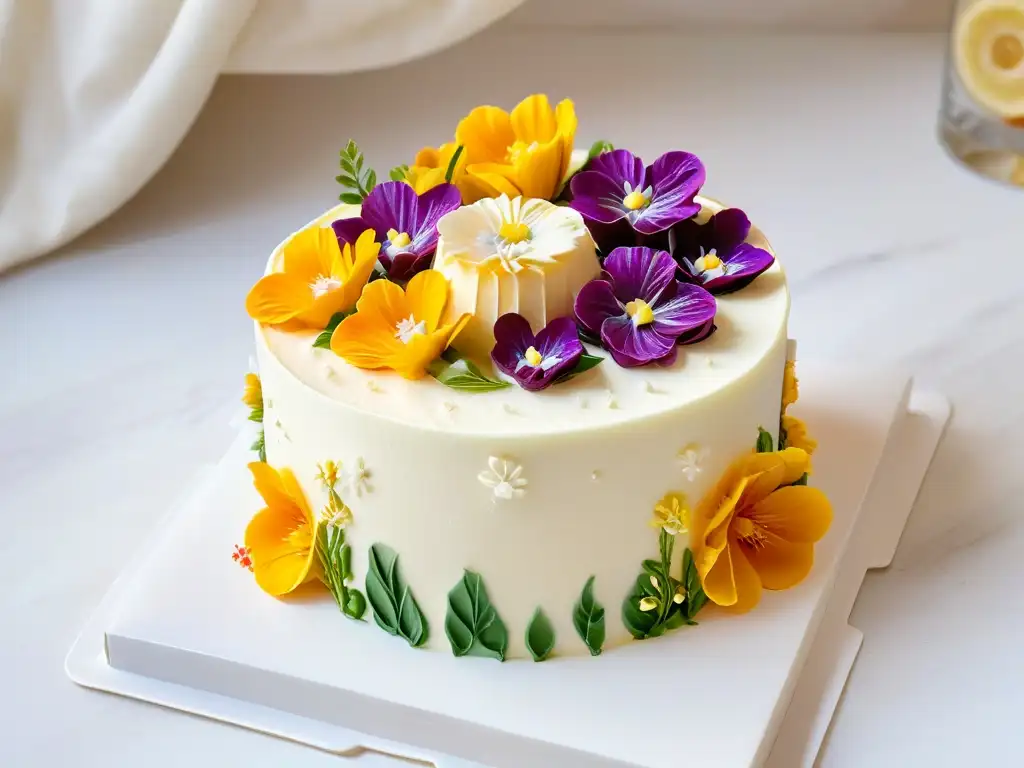 Exquisita fotografía para pasteleros en redes: detallada decoración de pastel con flores comestibles y frosting colorido sobre mármol blanco