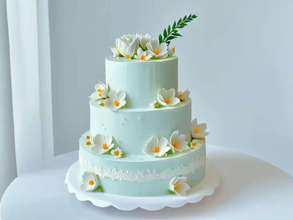 Exquisita decoración de pasteles de boda en tendencia con encaje blanco y flores de azúcar en tonos pastel