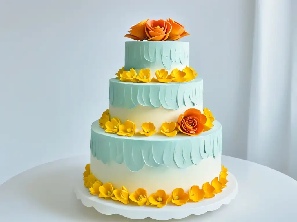 Exquisita decoración de pasteles de boda en tonos pastel, detalle y elegancia en cada flor de azúcar