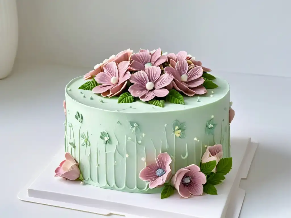 Exquisita decoración de pasteles sin gluten con detalles florales en tonos pastel