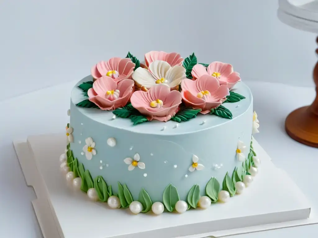 Exquisita decoración de pasteles sin gluten con flores y perlas brillantes