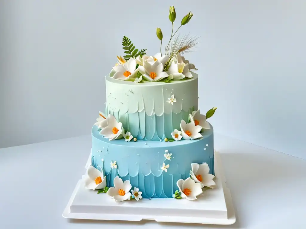 Exquisita decoración de pasteles de varios pisos con flores de azúcar en tonos pastel sobre fondo blanco