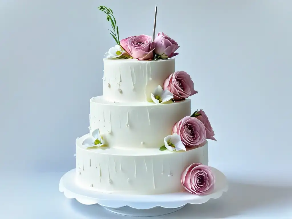 Exquisita decoración de pasteles de varios pisos con flores en tonos suaves sobre fondo blanco