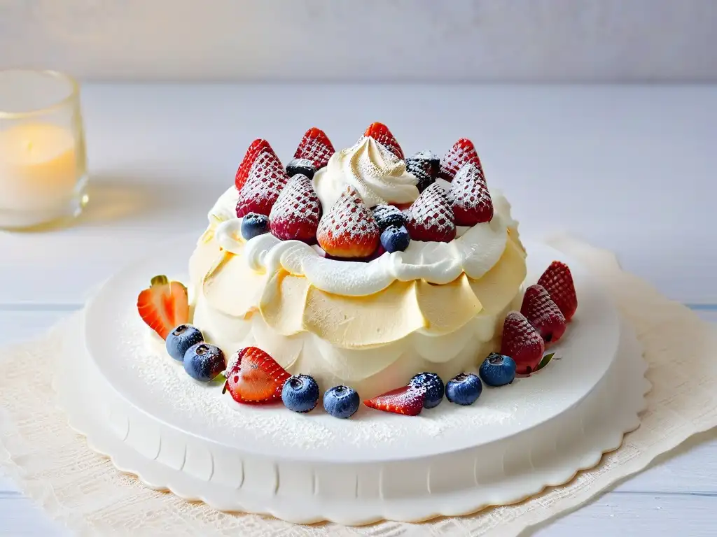 Una exquisita pavlova australiana con frutas frescas y crema montada, en un plato blanco