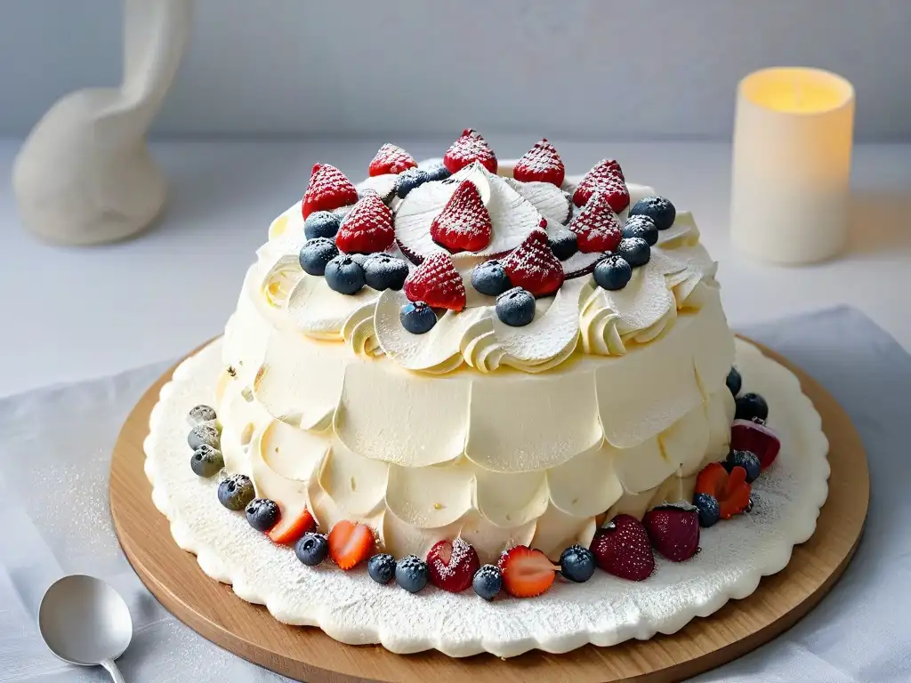 Una exquisita Pavlova blanca adornada con frutos rojos frescos y azúcar glas