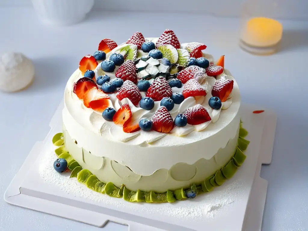 Una exquisita Pavlova decorada con frutas frescas en un plato blanco impecable