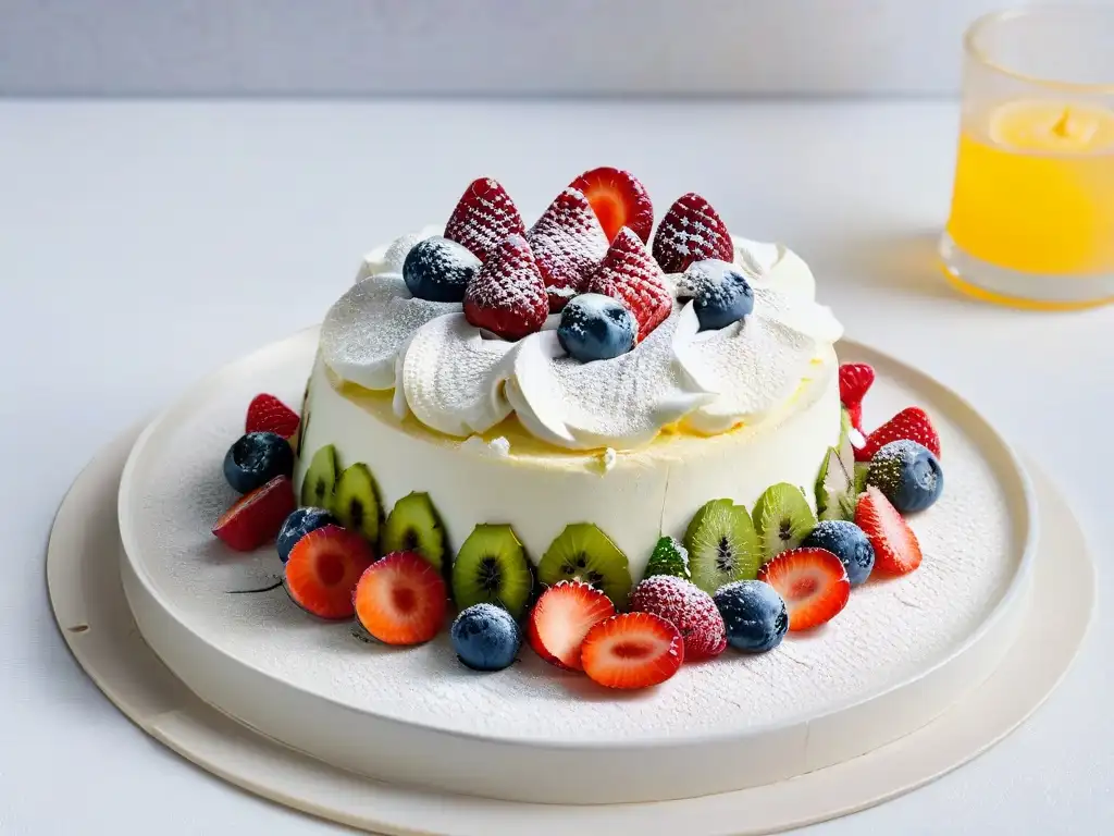 Exquisita Pavlova de bayas y kiwi, con meringue, frutas frescas y azúcar glass, en un plato blanco