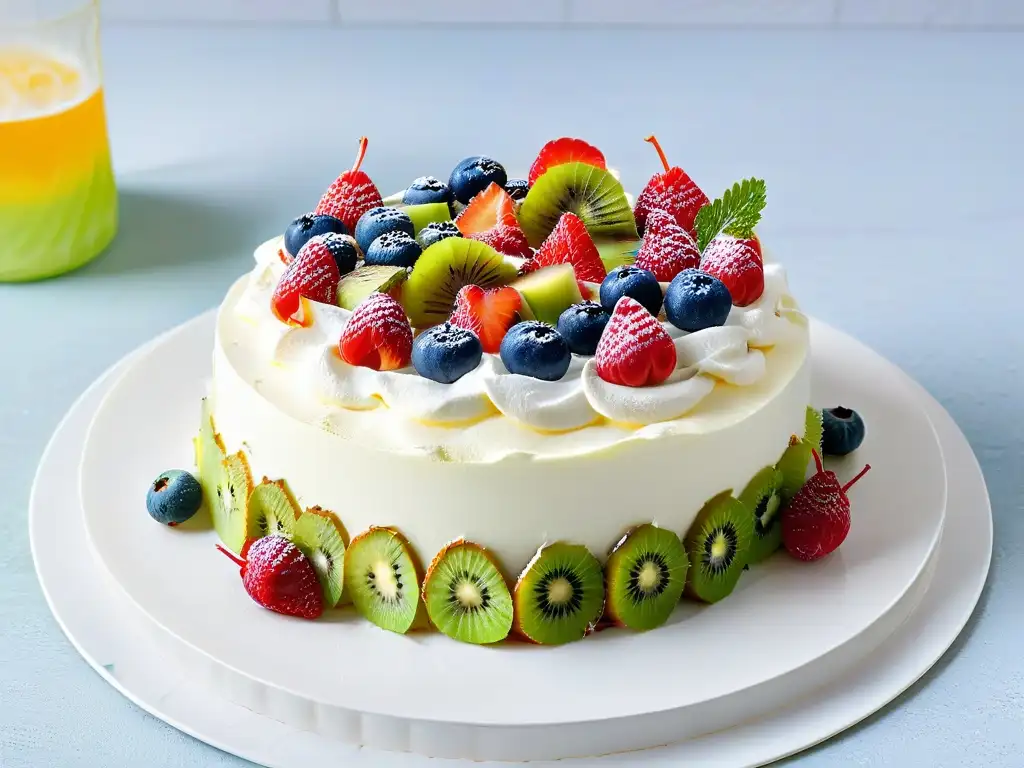 Una exquisita Pavlova de bayas y kiwi, con frutas frescas y nítidas sobre un plato blanco minimalista