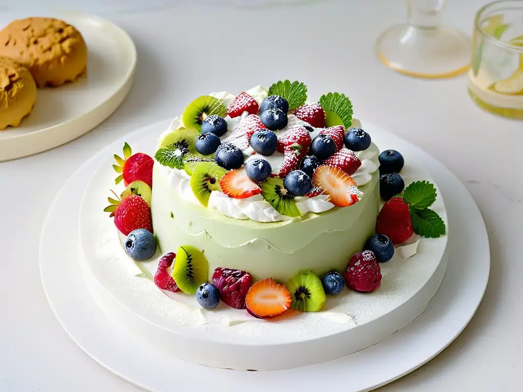 Exquisita Pavlova de bayas y kiwi con meringa, frutas vibrantes y menta fresca sobre fondo blanco