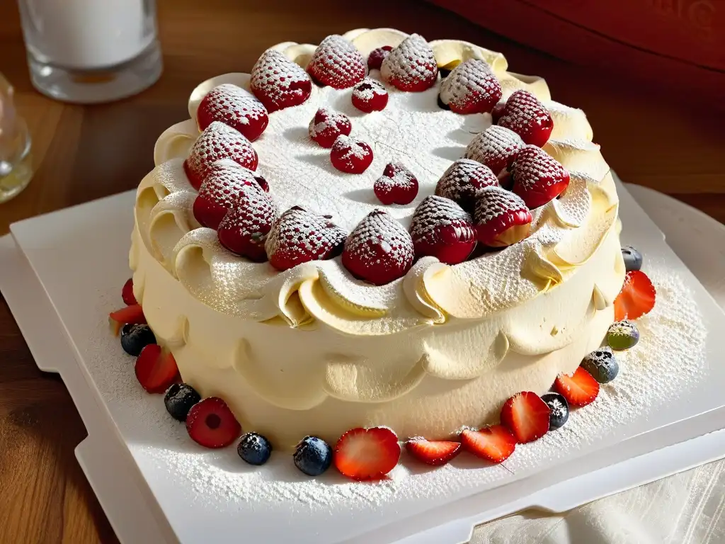 Exquisita pavlova con frutos rojos y merengue en elegante presentación