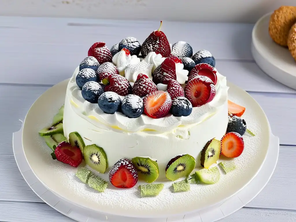 Exquisita Pavlova de merengue con frutas, elegante y vibrante en un plato blanco minimalista