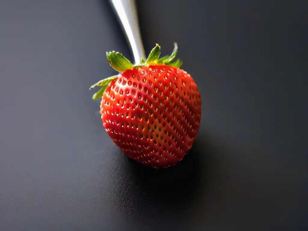 Exquisita perla de sabor en repostería: una fresa roja brillante reposa en una cuchara negra elegante