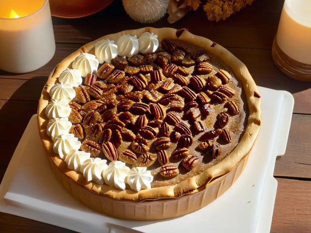 Una exquisita Pecan Pie dorada reposa sobre una mesa rústica, acompañada de crema batida y nueces