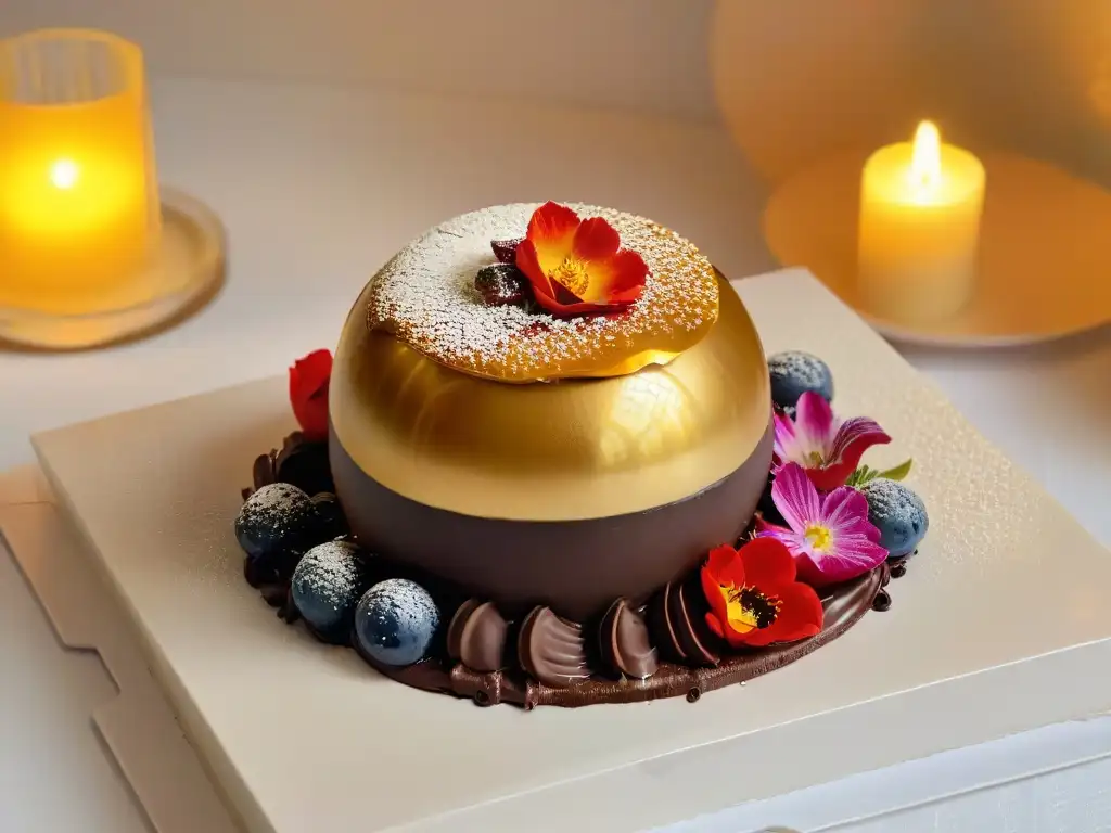 Exquisita presentación de postre alta gama: esfera de chocolate dorado rodeada de flores comestibles y salsas, iluminada por velas