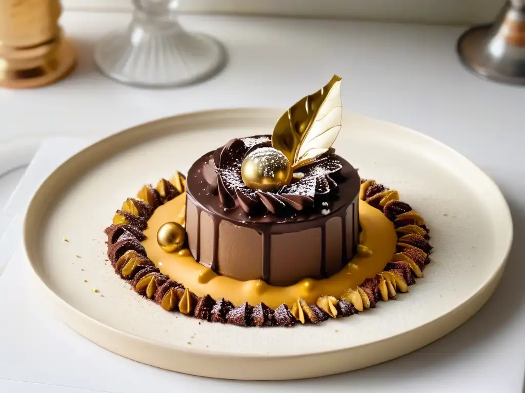 Exquisita postre de mousse de chocolate con oro comestible, acompañado de champagne de lujo con burbujas doradas