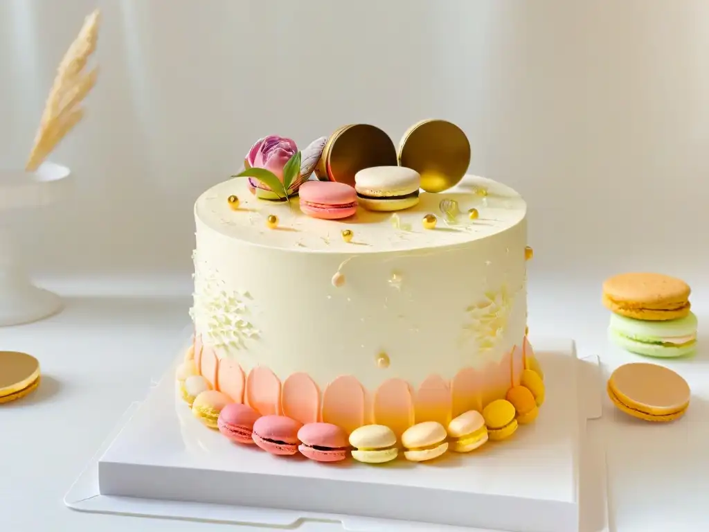 Pastel de tres pisos con oro comestible y macarons Exquisita decoración de postres de alta gama con pastel de tres pisos, macarons y flores de azúcar