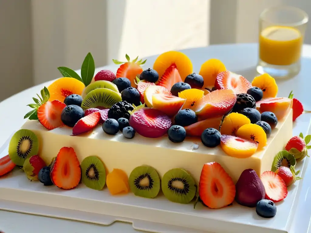Exquisita evolución de postres de frutas frescas y coloridas en un plato moderno y elegante
