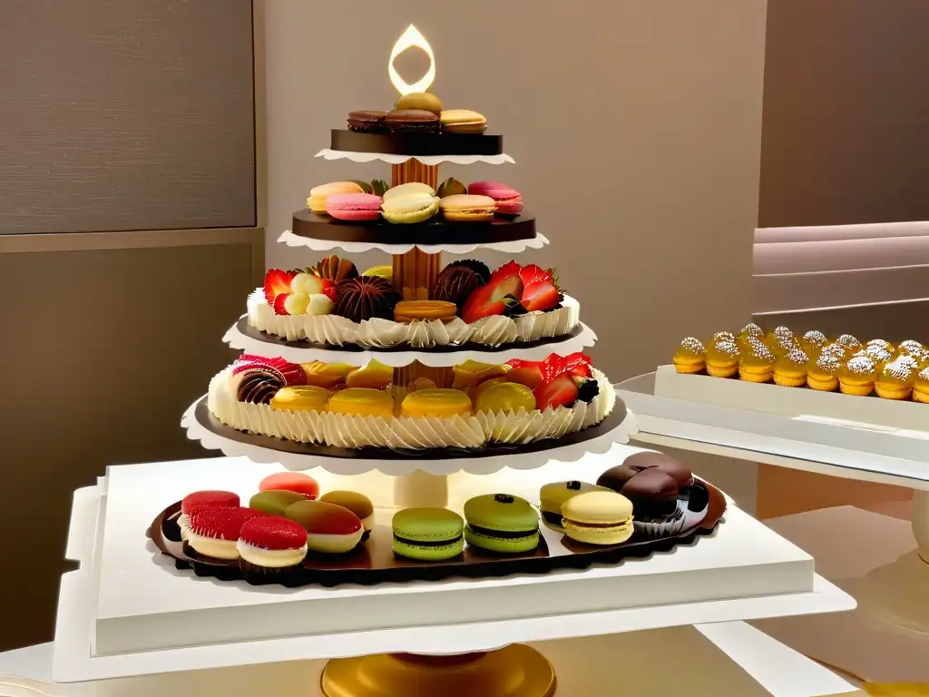 Exquisita exhibición de postres icónicos para merchandising en un ambiente elegante y sofisticado