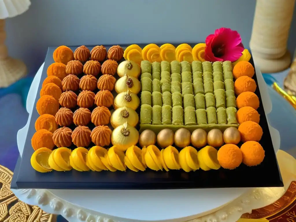 Una exquisita presentación de dulces tradicionales Diwali recetas en un elegante plato moderno, resaltando colores y texturas vibrantes