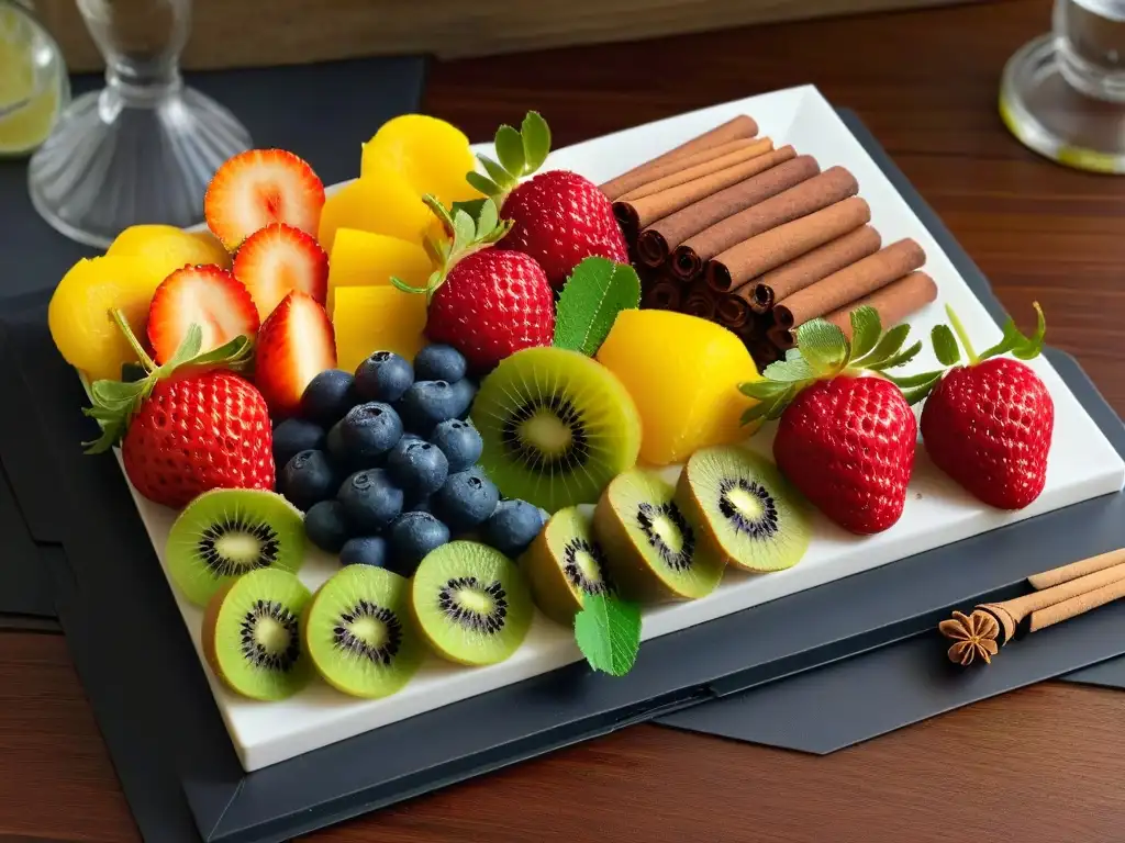 Armonía frutal y especiada en plato de mármol Una exquisita presentación de frutas y especias en repostería en una elegante bandeja de mármol, desbordante de colores y aromas