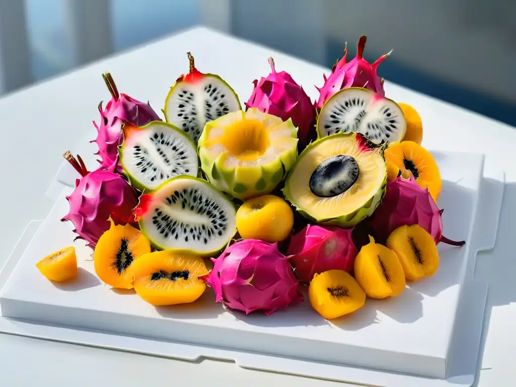 Una exquisita presentación de frutas exóticas en repostería con pitahaya, maracuyá, lichi y carambola en un elegante plato blanco moderno