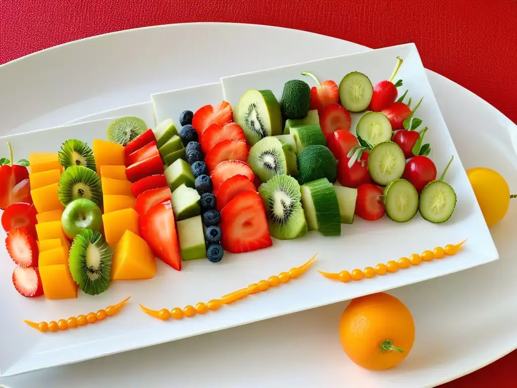 Exquisita presentación de frutas y verduras en un plato blanco, ideal para Repostería saludable para niños