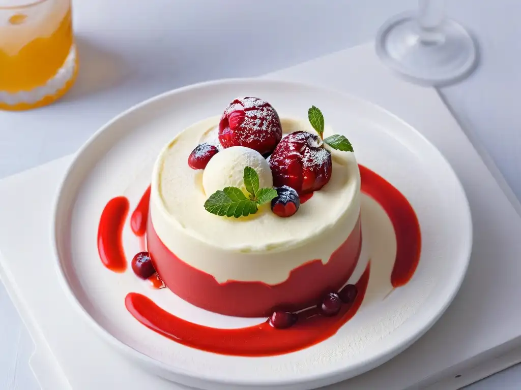 Una exquisita presentación de helado de vainilla con salsa de frutos rojos