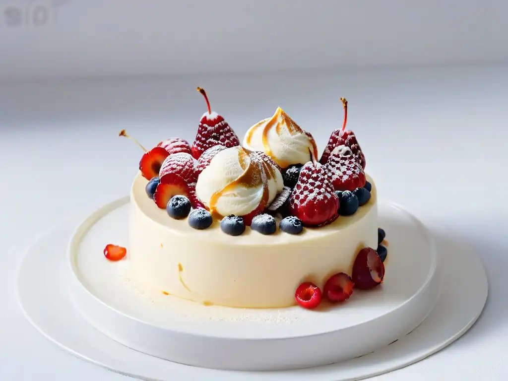 Una exquisita presentación de helado de vainilla con frutos rojos en un elegante plato moderno