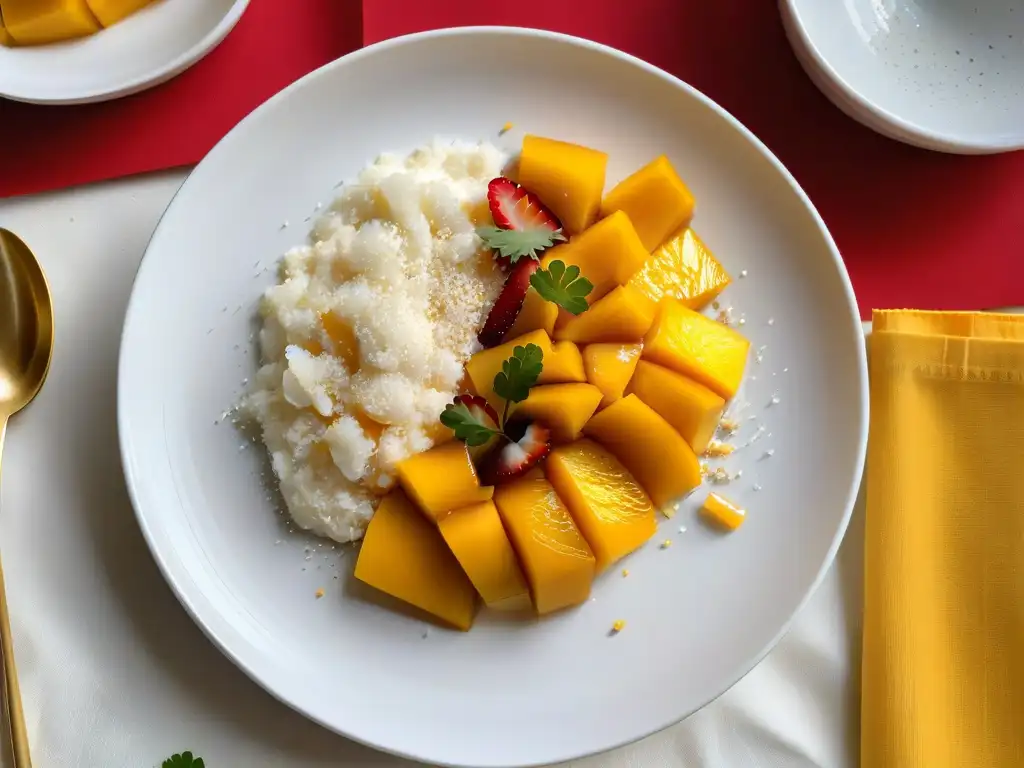 Deléitate con una exquisita presentación de mango sticky rice vegano, una de las mejores opciones postres veganos