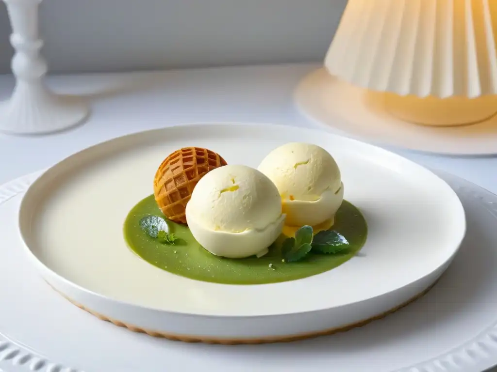 Exquisita presentación minimalista de postre con una bola de helado de vainilla