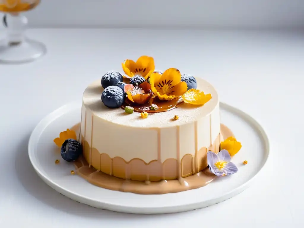 Exquisita presentación de postre con flores comestibles, caramelo brillante y hojuelas doradas en plato blanco