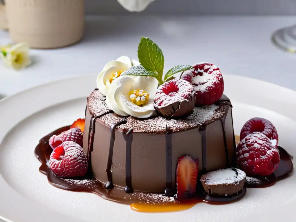 Exquisita presentación de postre de lava de chocolate con helado de vainilla, coulis de frambuesa y decoración de flores comestibles