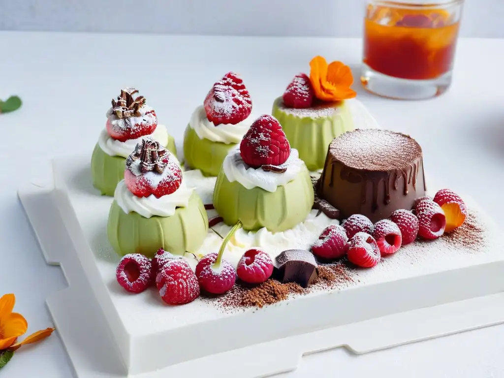 Una exquisita presentación de postres sin lácteos sabores intensos en mármol blanco con toques verdes