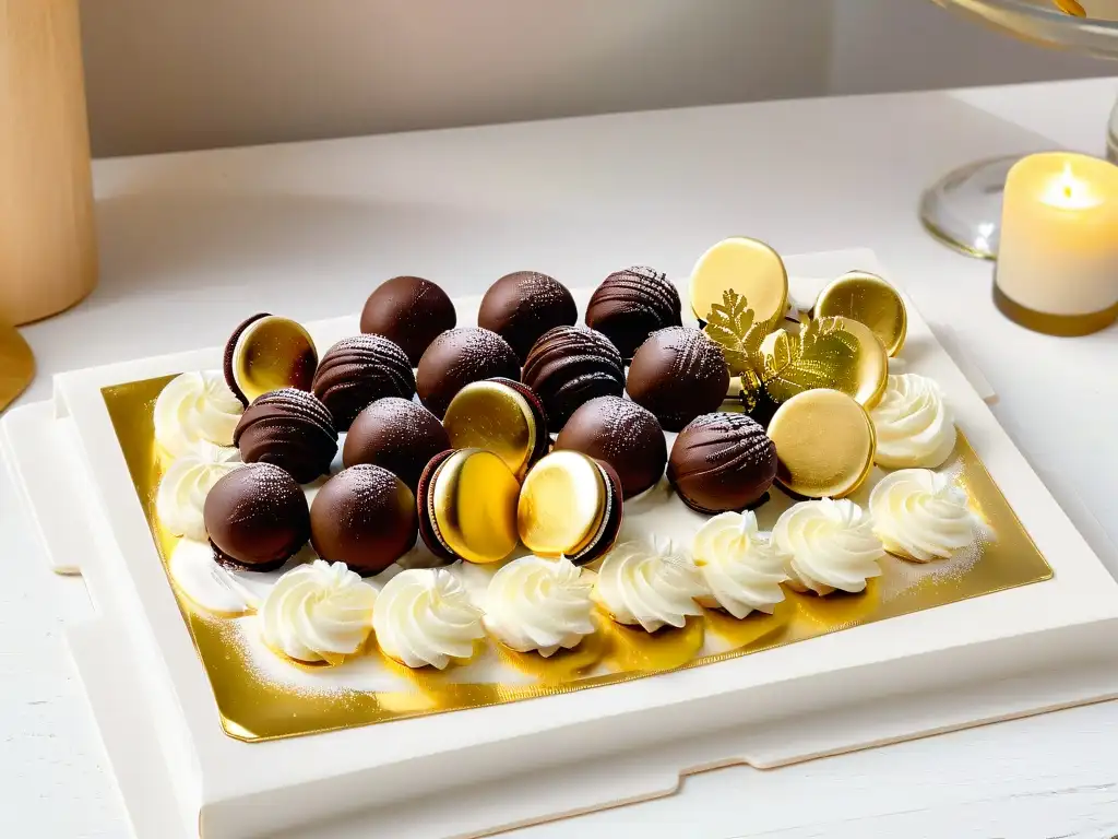 Una exquisita presentación de postres navideños innovadores con trufas de chocolate, macarons y decoraciones elegantes en una tabla de mármol