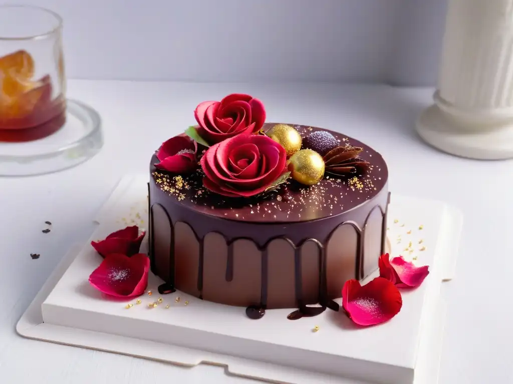 Exquisita rebanada de pastel de chocolate rubí con pétalos de rosa comestibles y hojuelas de oro, tendencia repostería