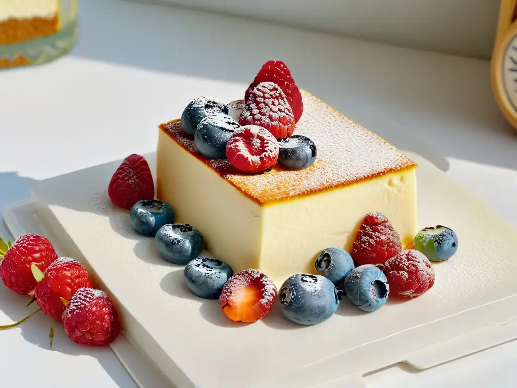 Exquisita rebanada de pastel de anacardo y bayas en plato blanco