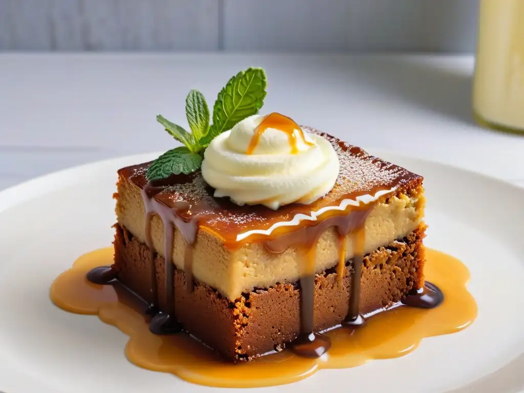 Exquisita rebanada de Malva Pudding sudafricano con crema y caramelo, decorada con menta fresca en un elegante plato blanco