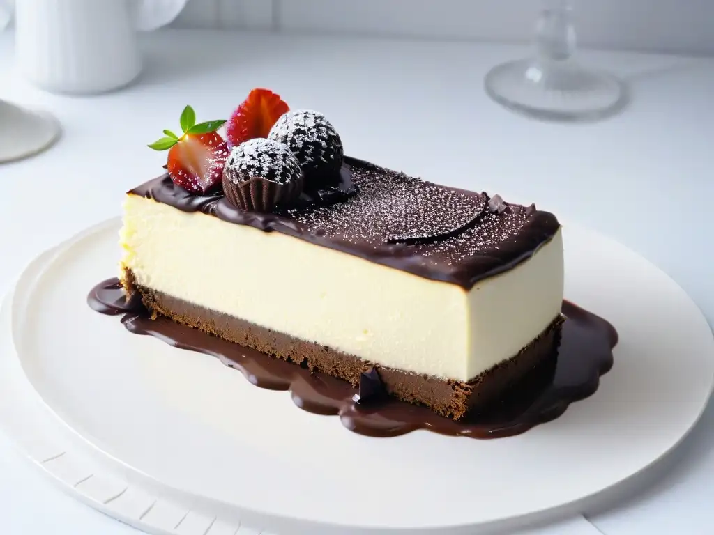 Una exquisita receta exclusiva de cheesecake de trufa negra, con delicadas decoraciones y una irresistible presentación