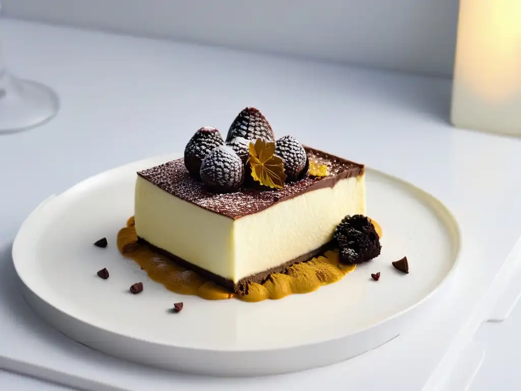 Una exquisita receta exclusiva de cheesecake trufa negra adornada con lámina dorada, sobre un elegante plato blanco