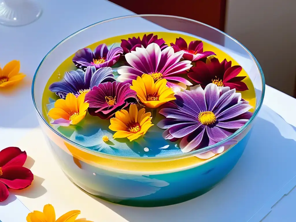 Exquisita receta gelatina flores paso a paso en un tazón de vidrio transparente con capas de gelatina colorida y flores