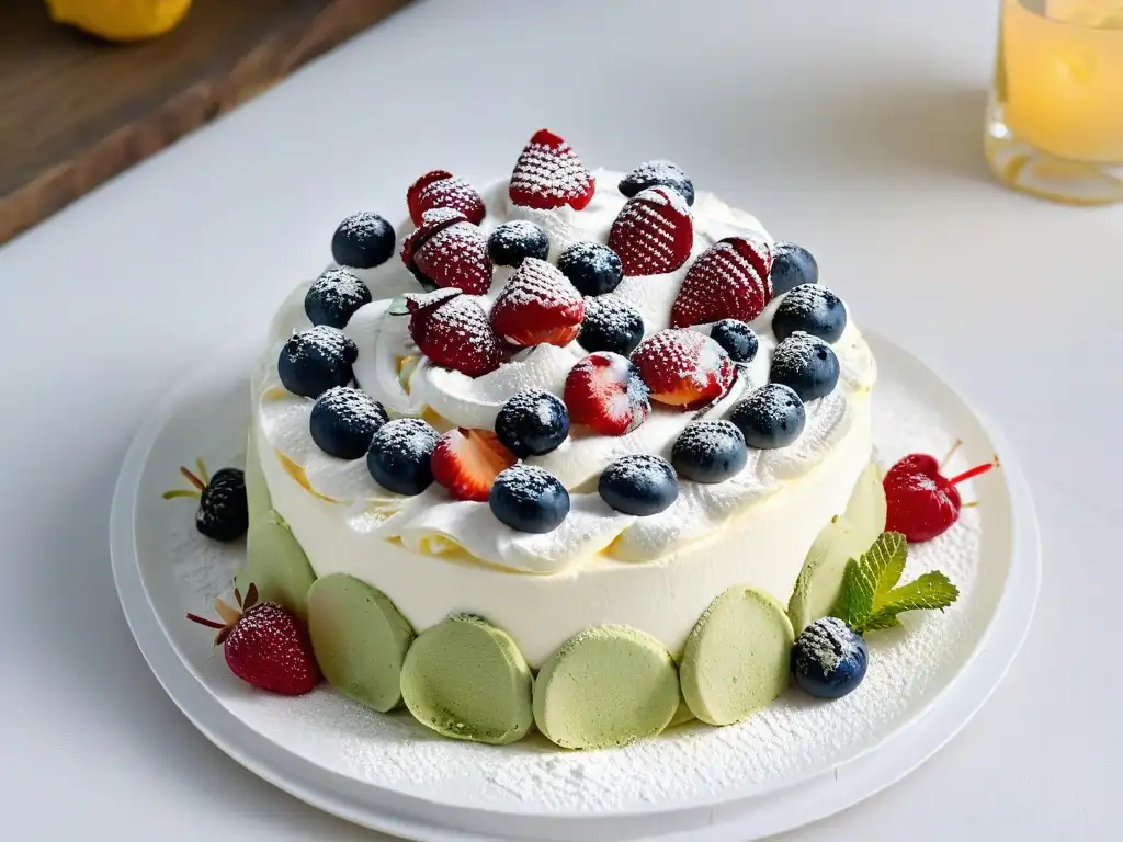 Exquisita Receta Pavlova: merengue, frutas frescas y menta, en plato blanco con azúcar glass