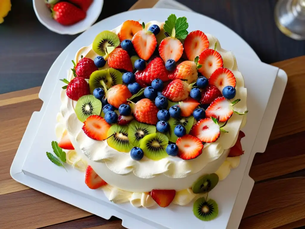 Exquisita receta Pavlova: merengue crujiente relleno de frutas frescas como fresas, arándanos, kiwi y maracuyá