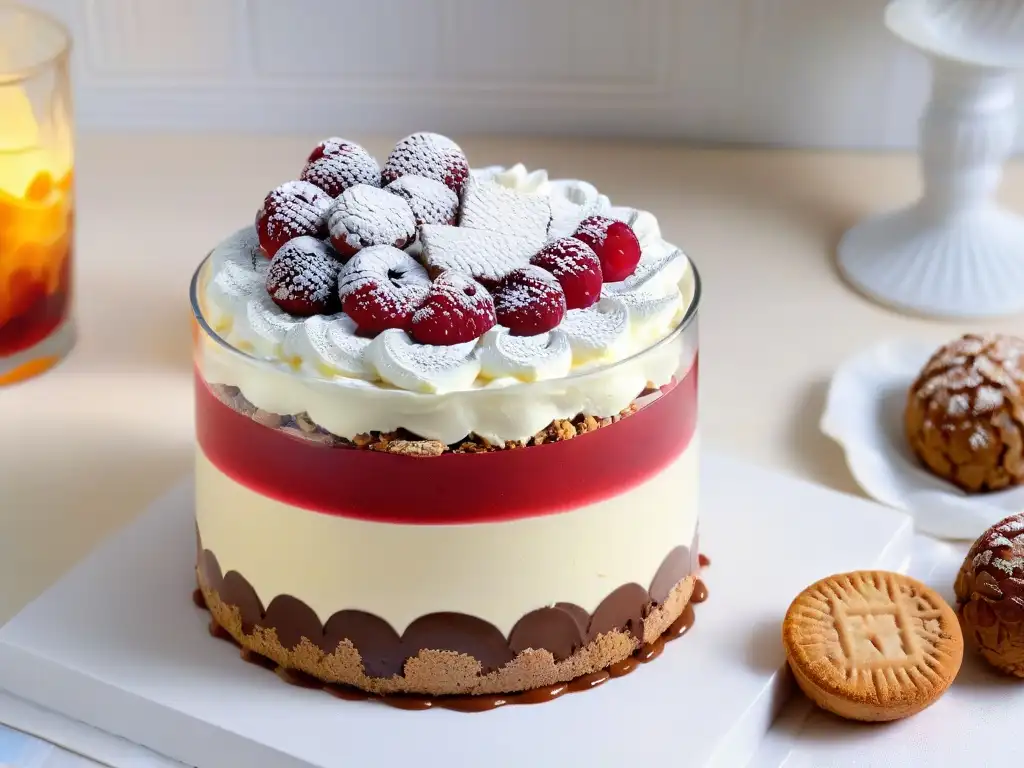 Delicioso postre en tarro con frutas, chocolate y crema Exquisita receta de postre en vasito con capas de frutas, mousse de chocolate, galletas y crema montada, decorado con frambuesa fresca