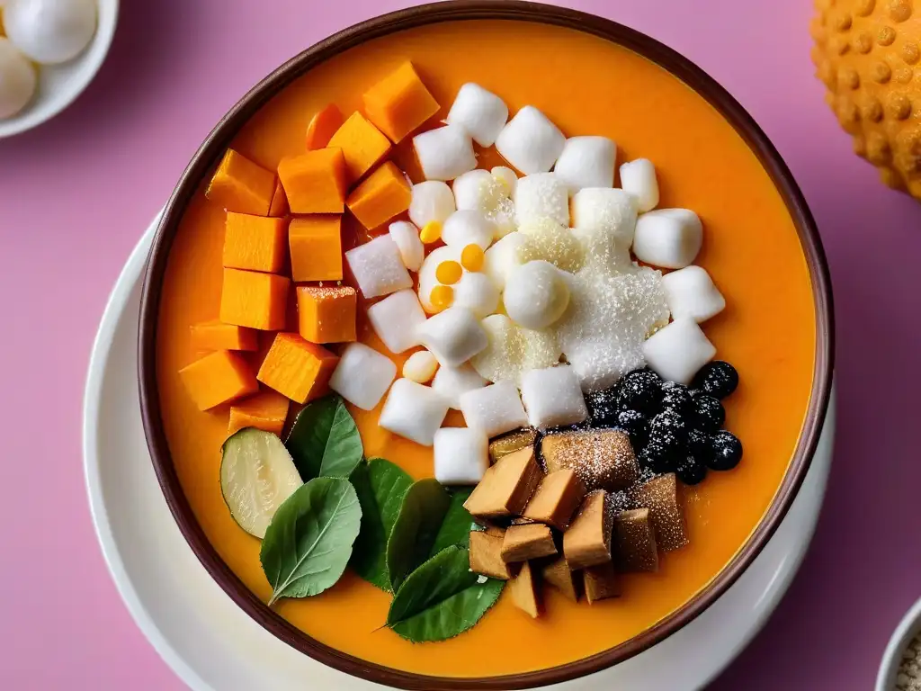 Una exquisita receta tradicional Bubur Cha Cha con vibrantes colores y texturas, un festín visual del postre malasio